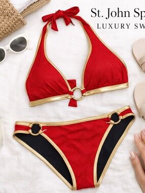 St John Sport Size 12 Top 6 Bottom Bikini Red Gold Ring Halter Luxury Swim Set